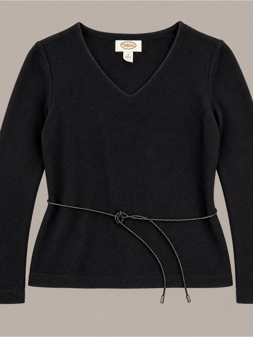 Talbots Black V-Neck Sweater with Braided Waist Tie